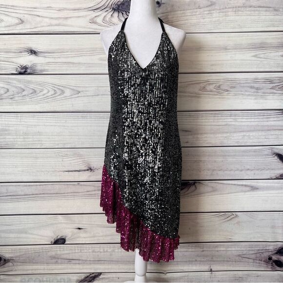 One33 Social Black & Purple Sequin Colorblock Backless Halter Dress - Picture 9 of 15